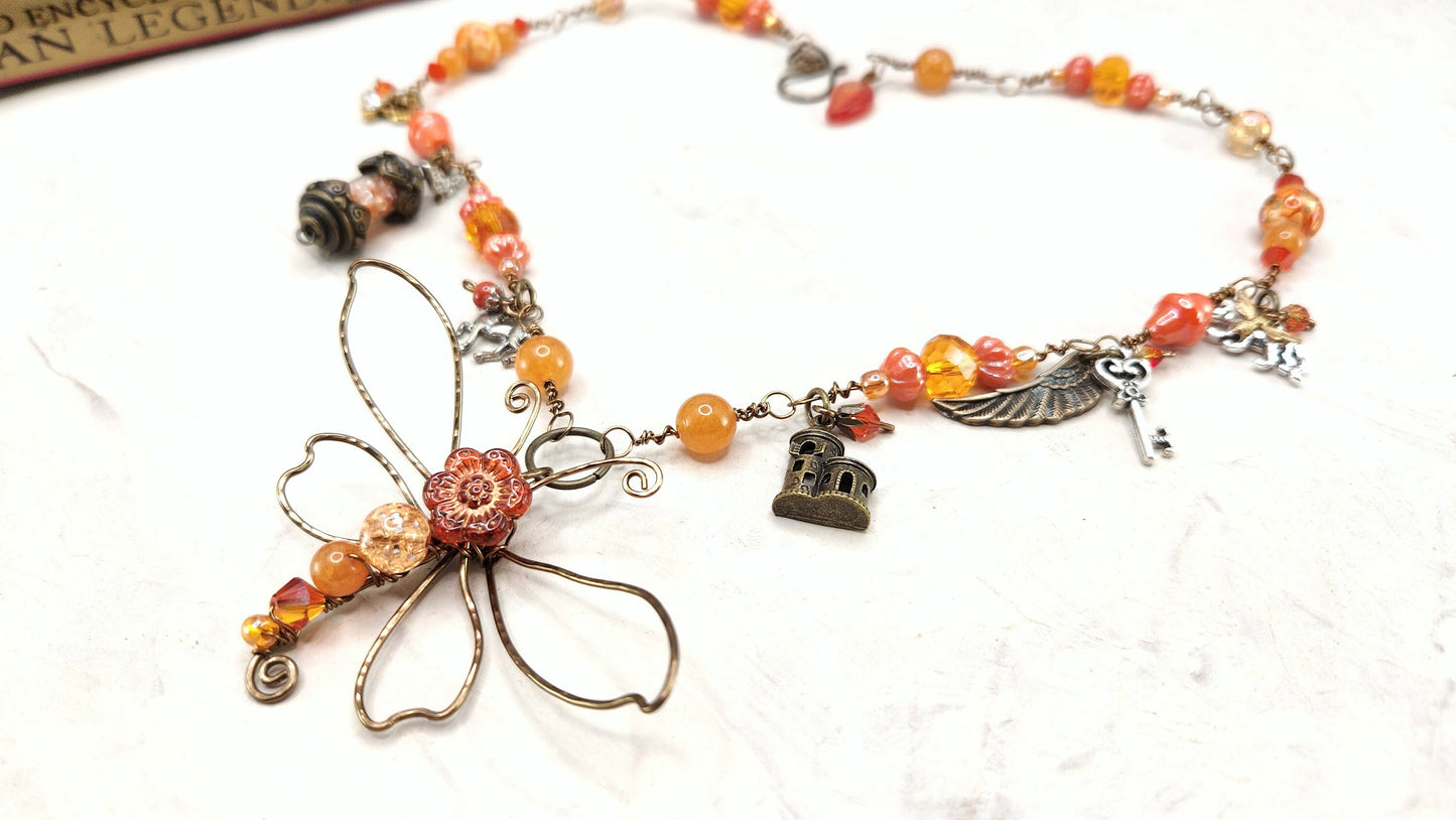 Fairytale Forest Dragonfly Necklace in Orange Renaissance Adjustable Length Fantasy Woodland