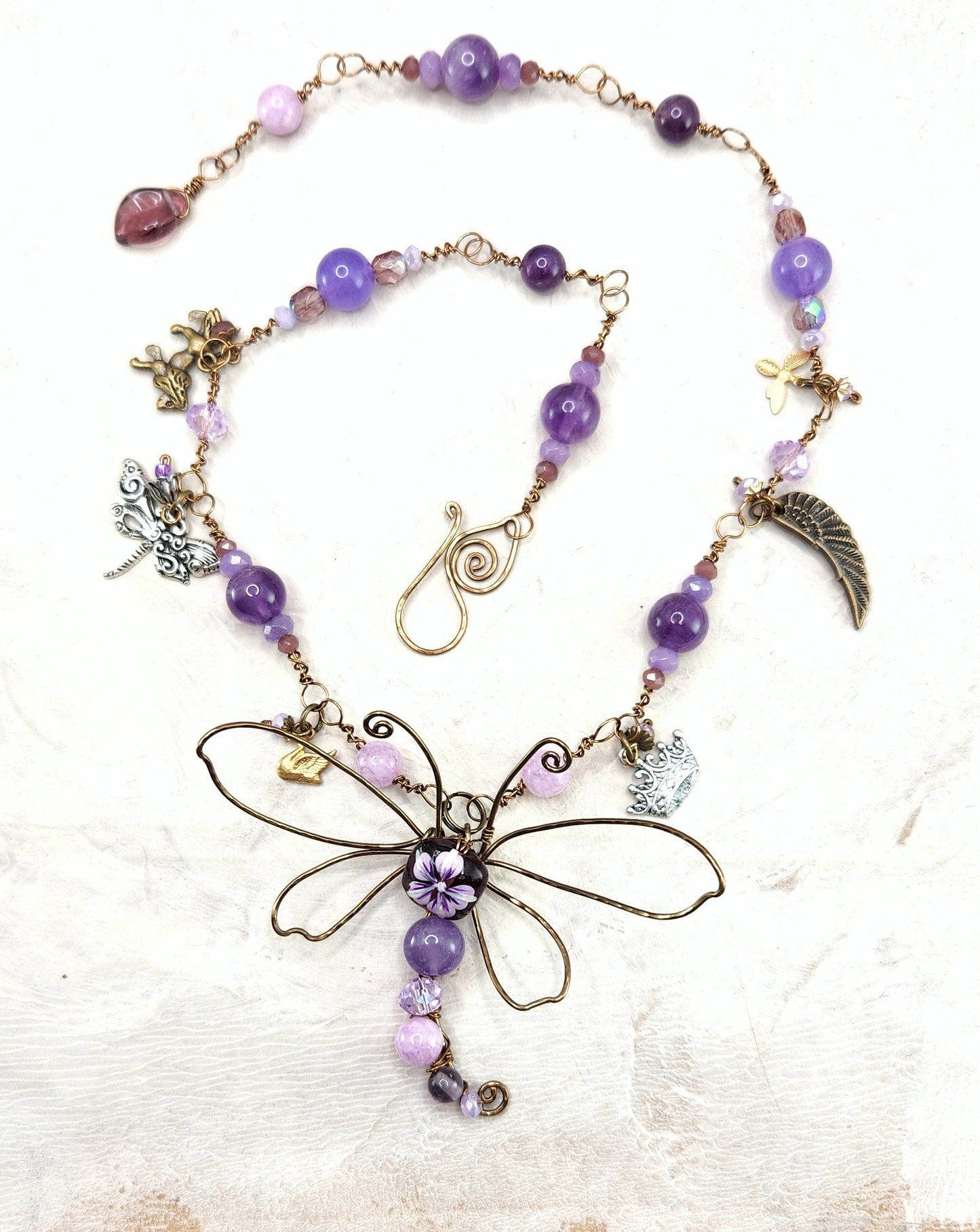 Fairytale Forest Dragonfly Necklace in Purple Renaissance Adjustable Length Fantasy Woodland