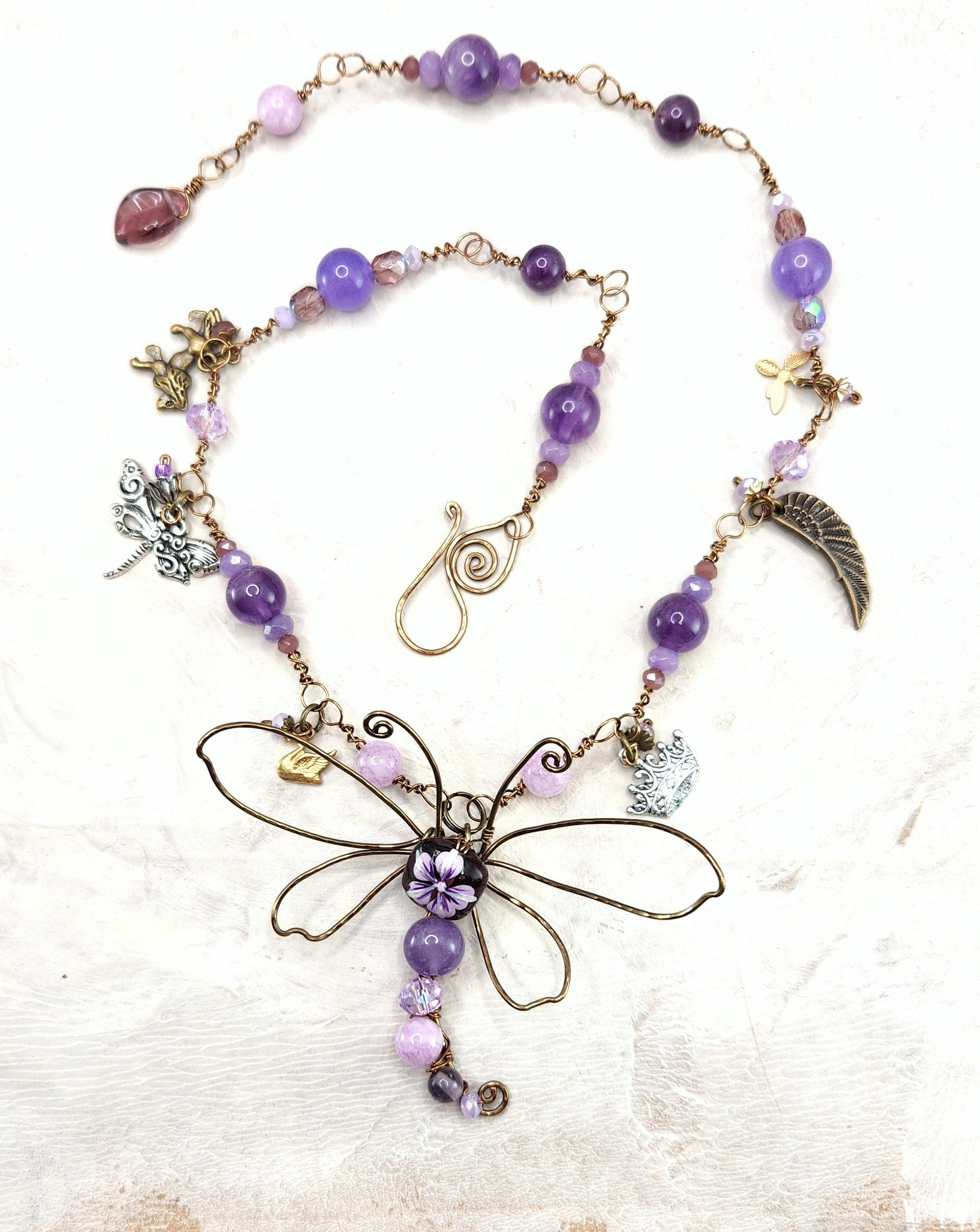 Fairytale Forest Dragonfly Necklace in Purple Renaissance Adjustable Length Fantasy Woodland