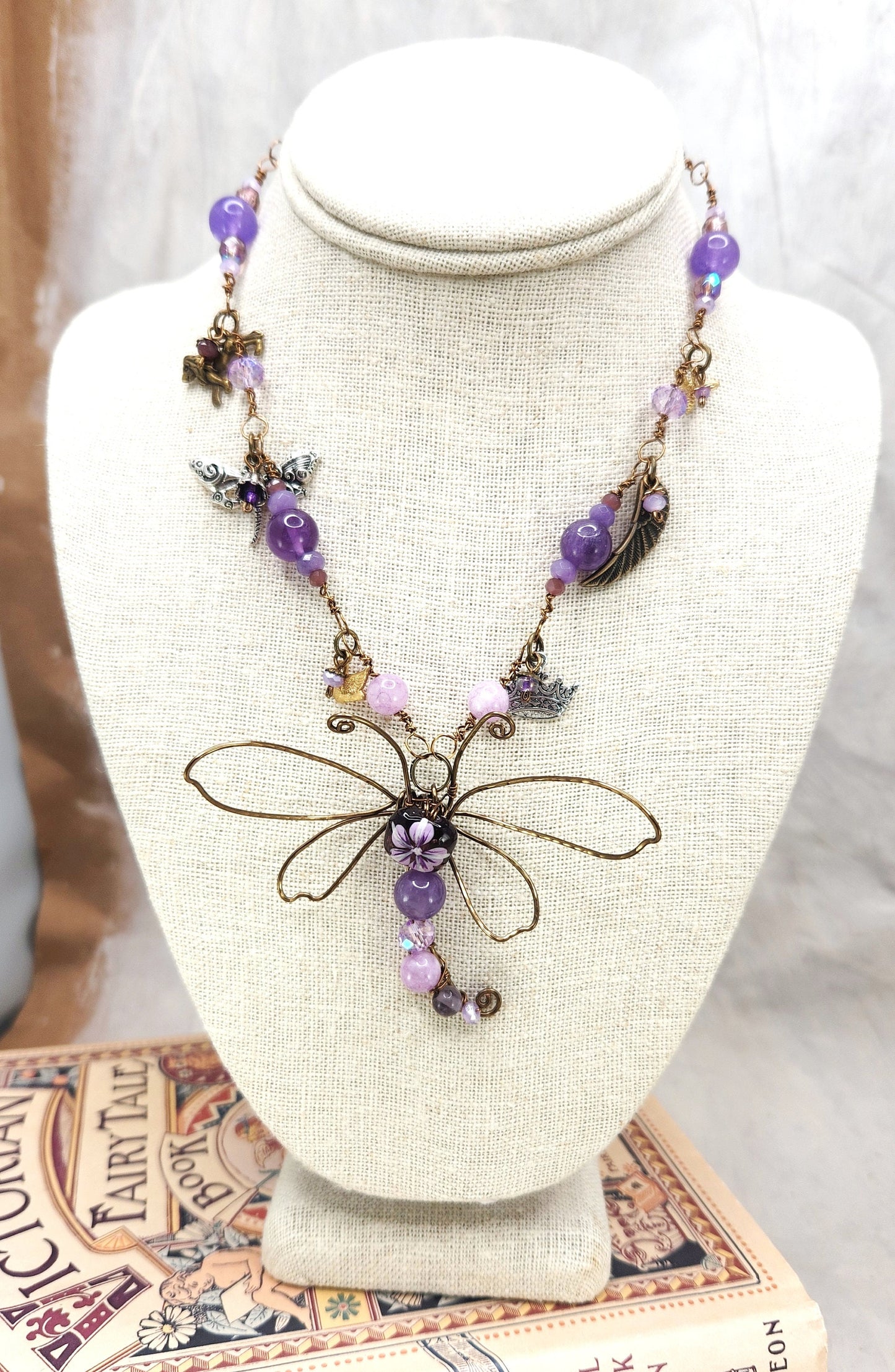 Fairytale Forest Dragonfly Necklace in Purple Renaissance Adjustable Length Fantasy Woodland