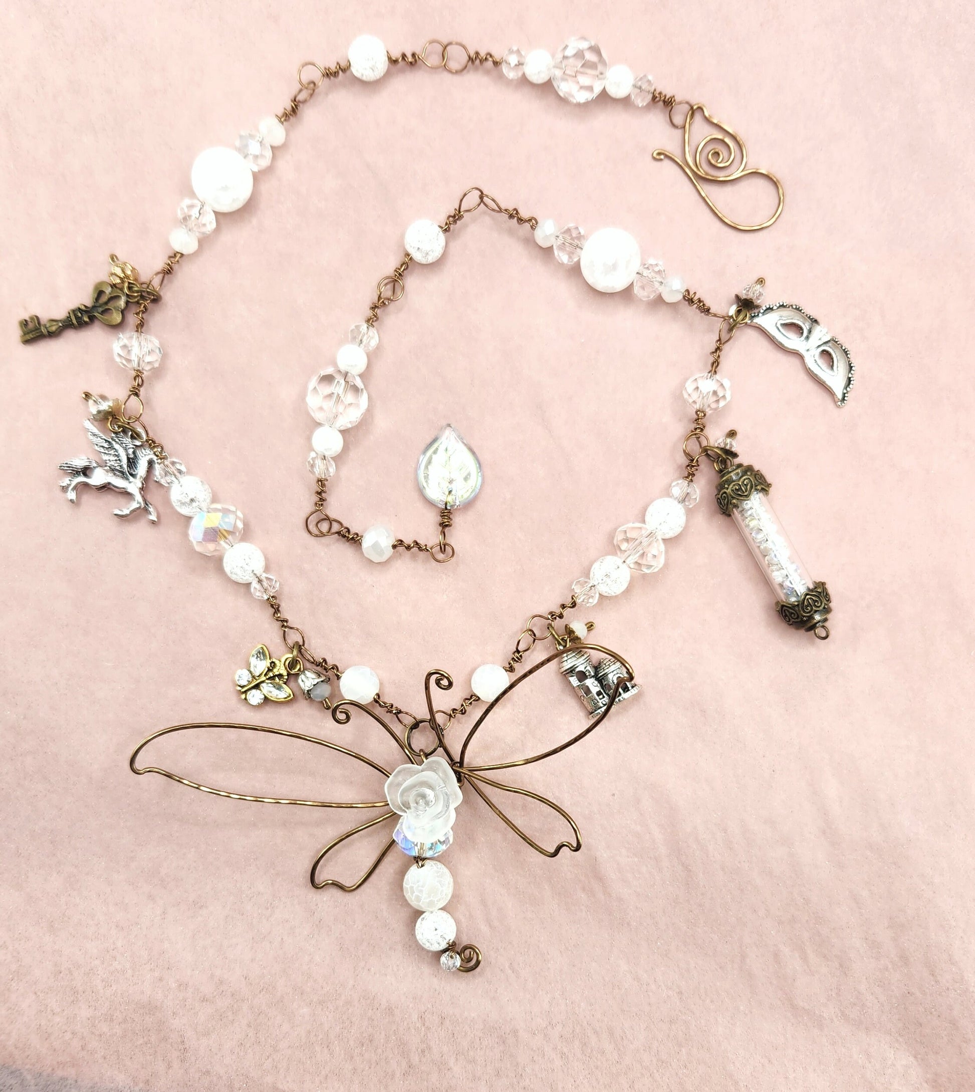 Fairytale Forest Dragonfly Necklace in White Renaissance Adjustable Length Fantasy Woodland