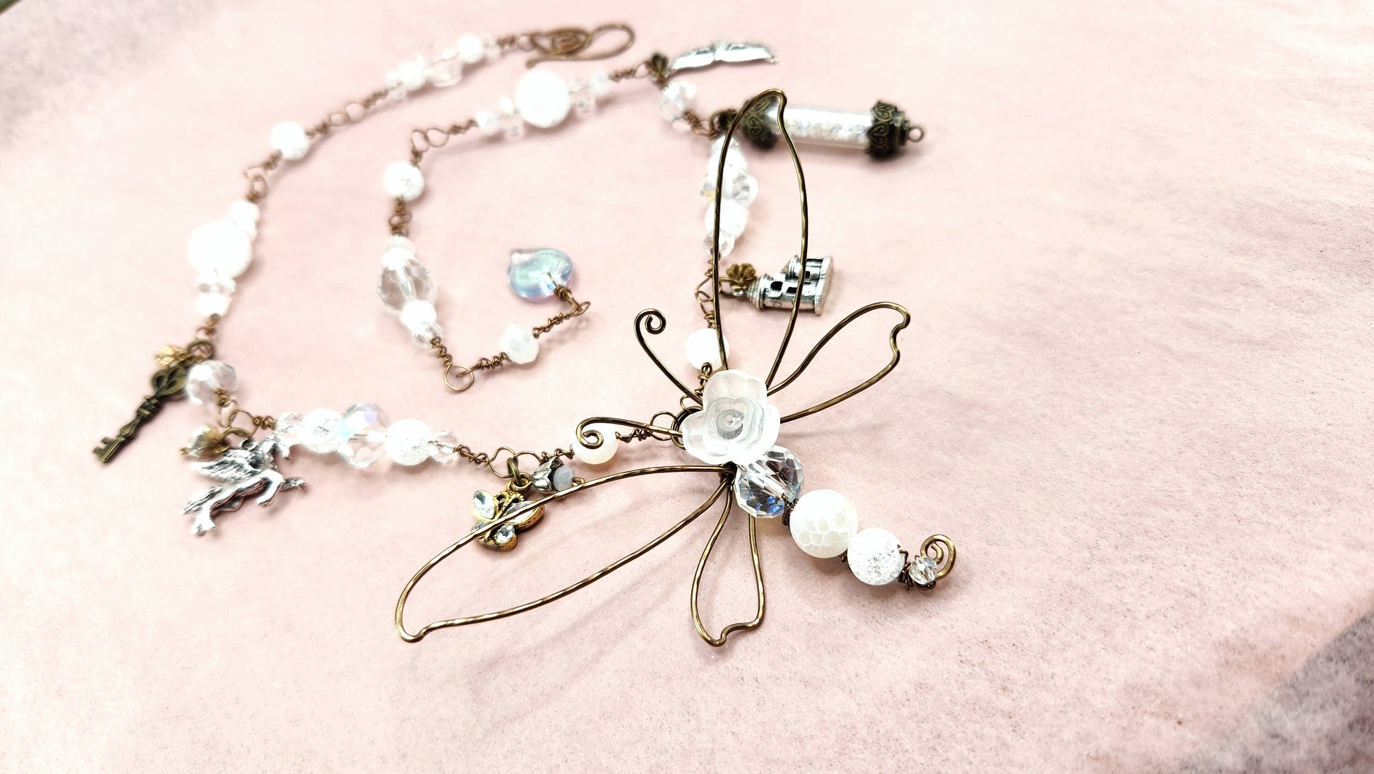 Fairytale Forest Dragonfly Necklace in White Renaissance Adjustable Length Fantasy Woodland