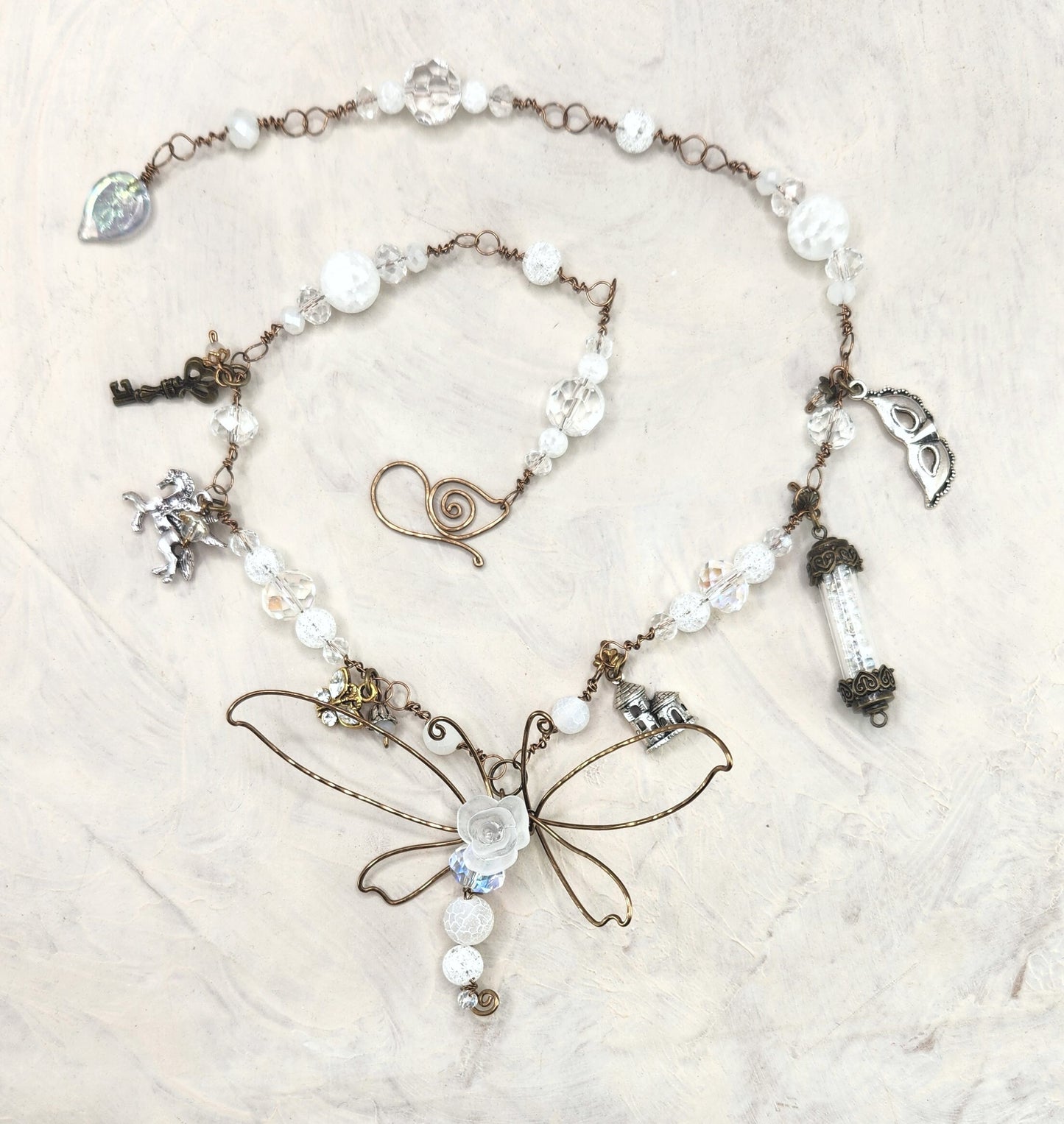 Fairytale Forest Dragonfly Necklace in White Renaissance Adjustable Length Fantasy Woodland