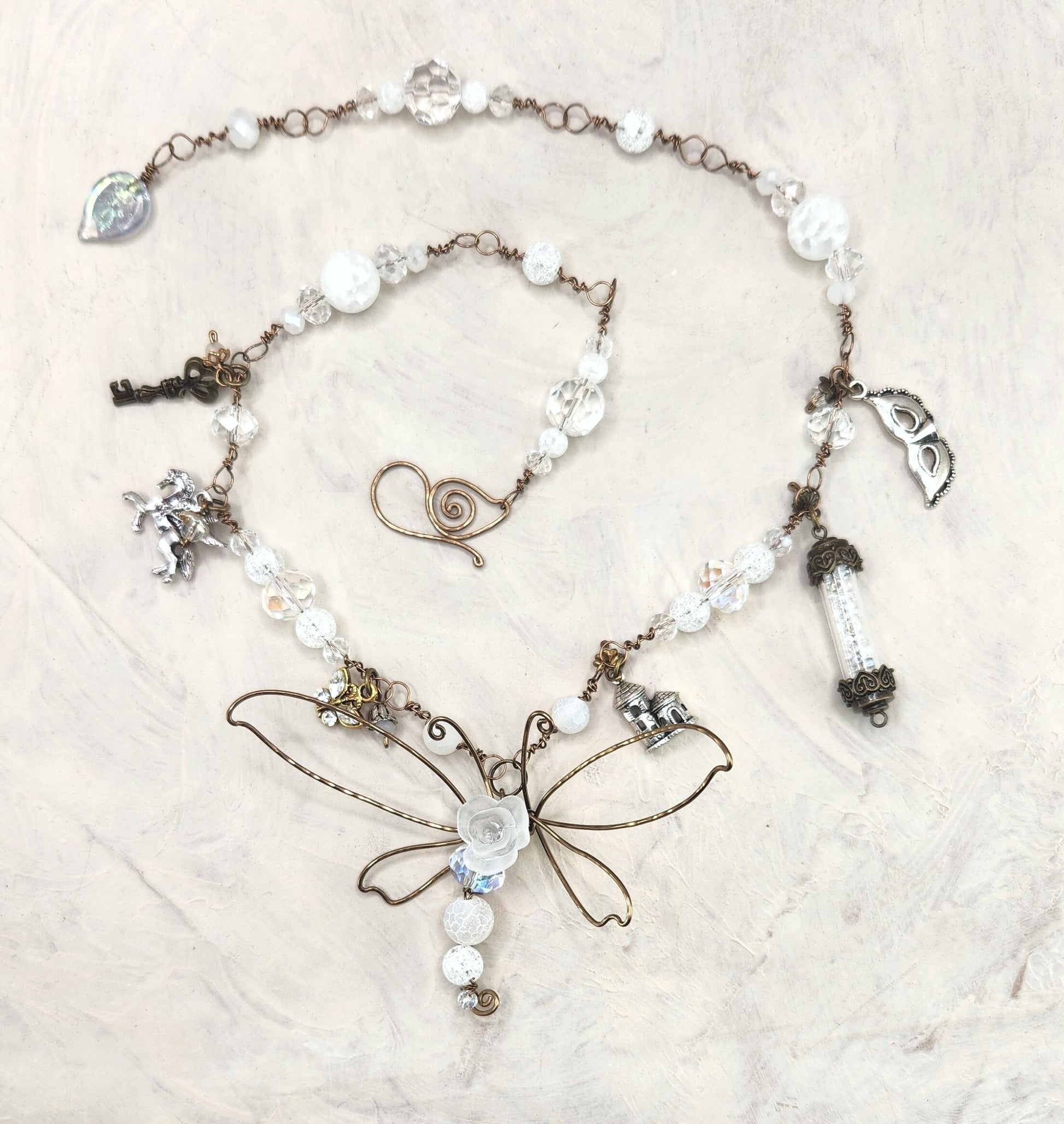 Fairytale Forest Dragonfly Necklace in White Renaissance Adjustable Length Fantasy Woodland