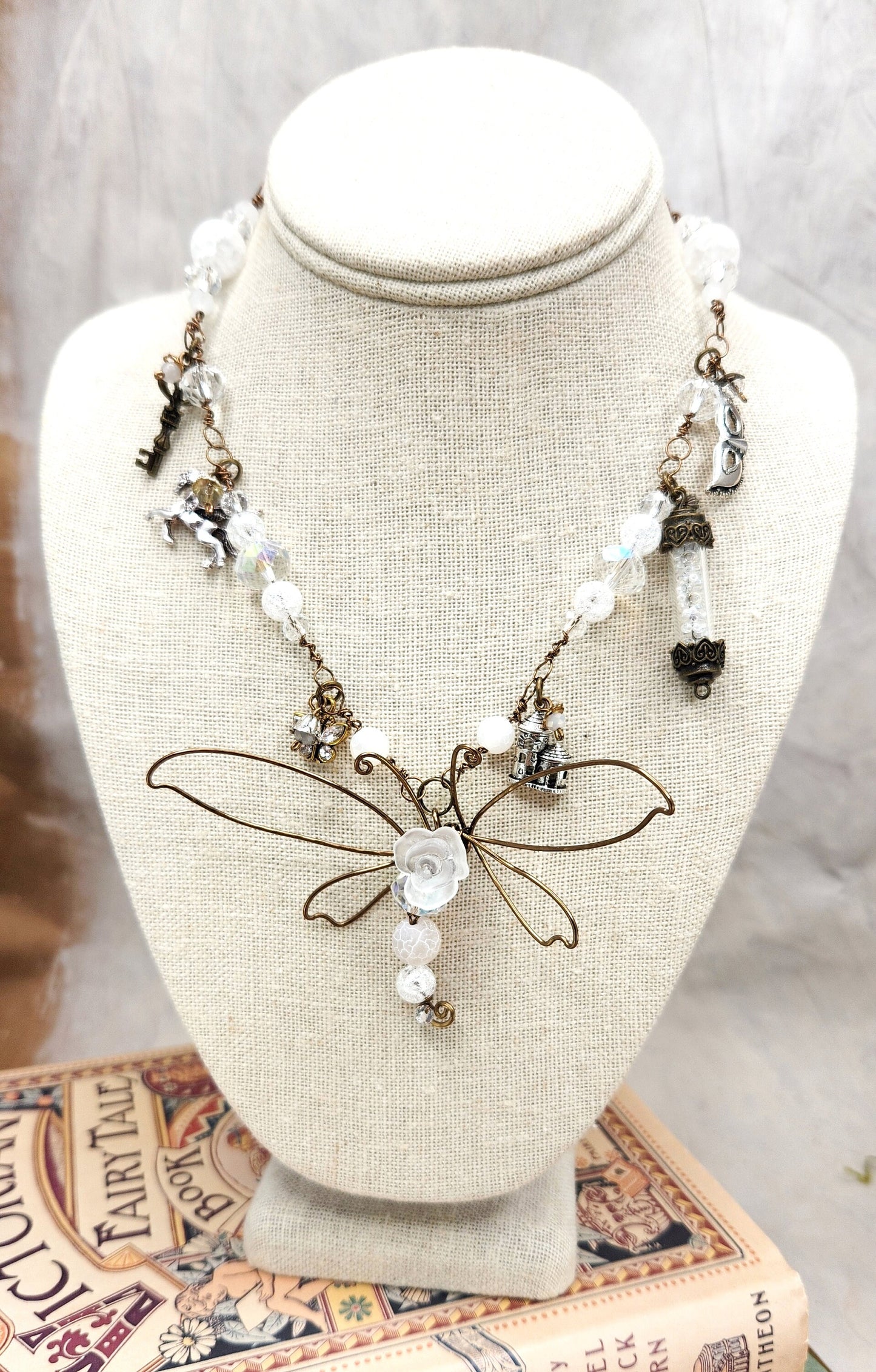 Fairytale Forest Dragonfly Necklace in White Renaissance Adjustable Length Fantasy Woodland