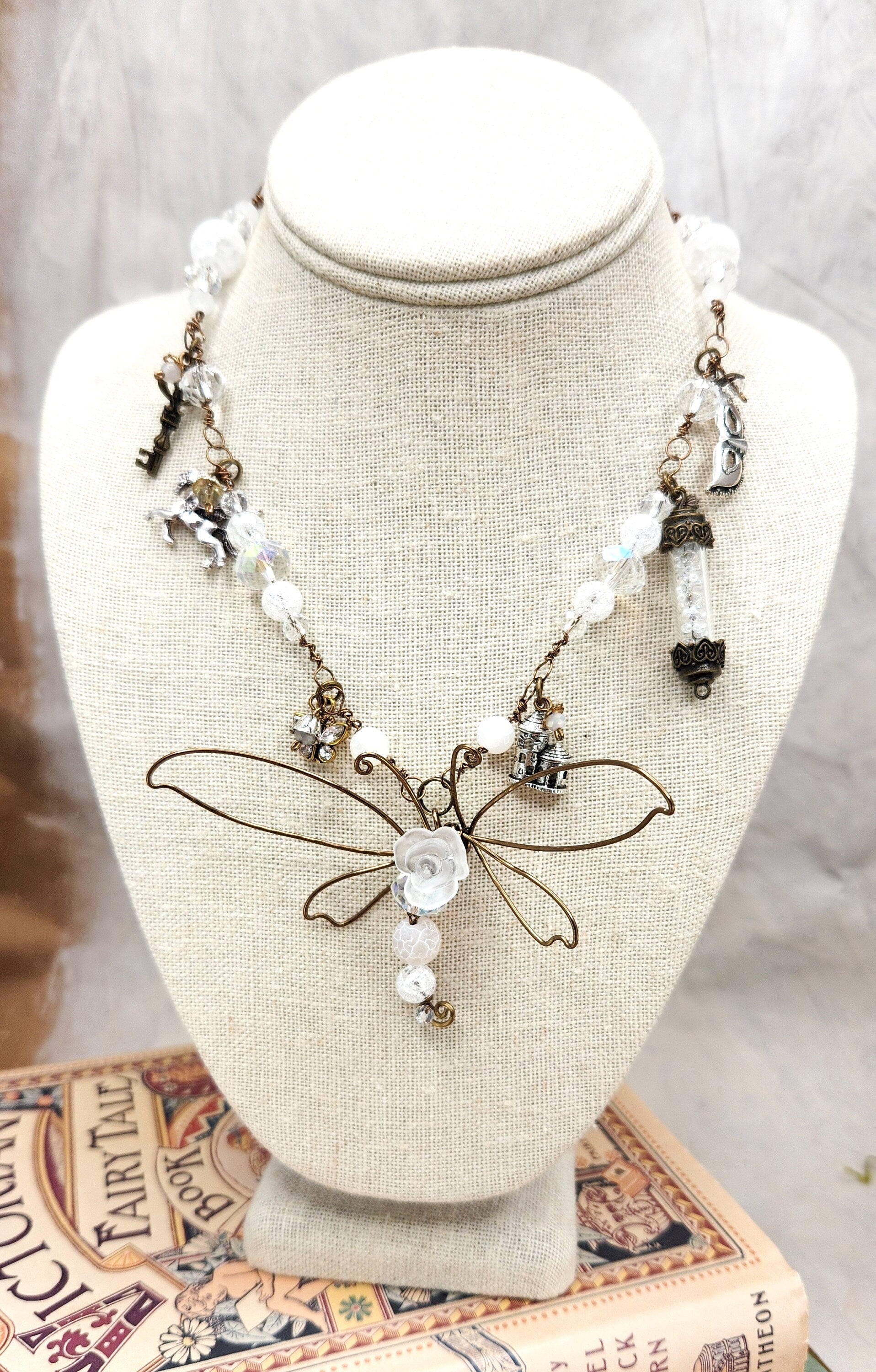 Fairytale Forest Dragonfly Necklace in White Renaissance Adjustable Length Fantasy Woodland