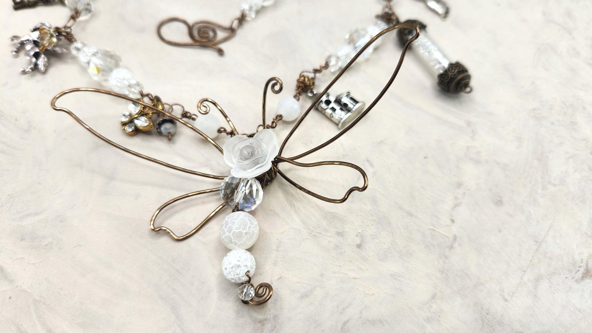 Fairytale Forest Dragonfly Necklace in White Renaissance Adjustable Length Fantasy Woodland