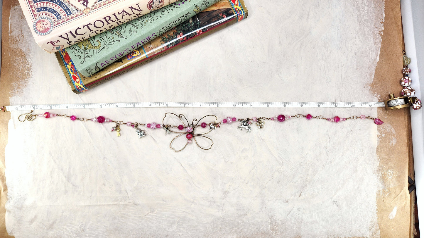 Fairytale Forest Butterfly Necklace in Deep Pink Renaissance Adjustable Length Fantasy Woodland