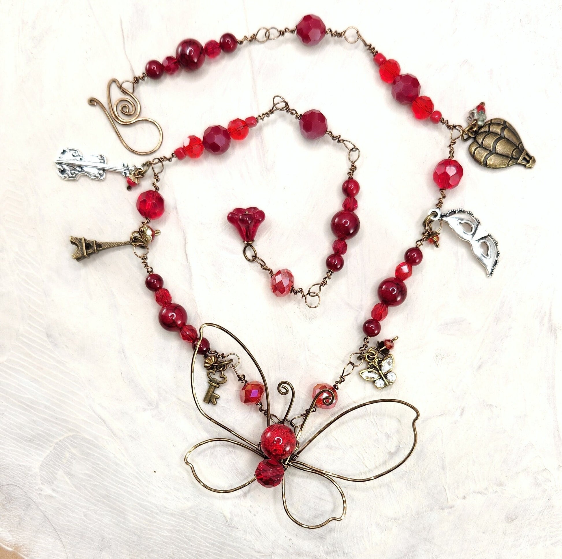 Fairytale Forest Butterfly Necklace in Red Renaissance Adjustable Length Fantasy Woodland