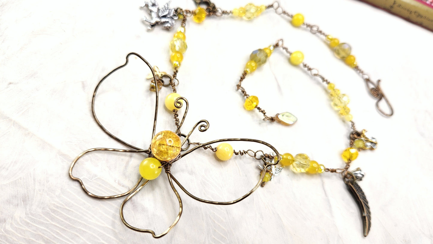 Fairytale Forest Butterfly Necklace in Yellow Renaissance Adjustable Length Fantasy Woodland