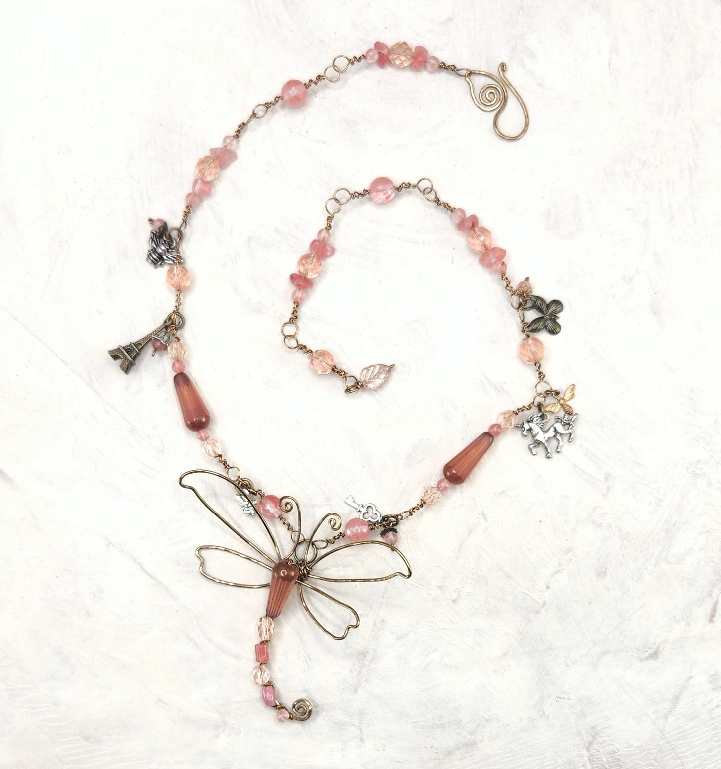 Fairytale Forest Dragonfly Necklace in Antique Pink Renaissance Adjustable Length Fantasy Woodland