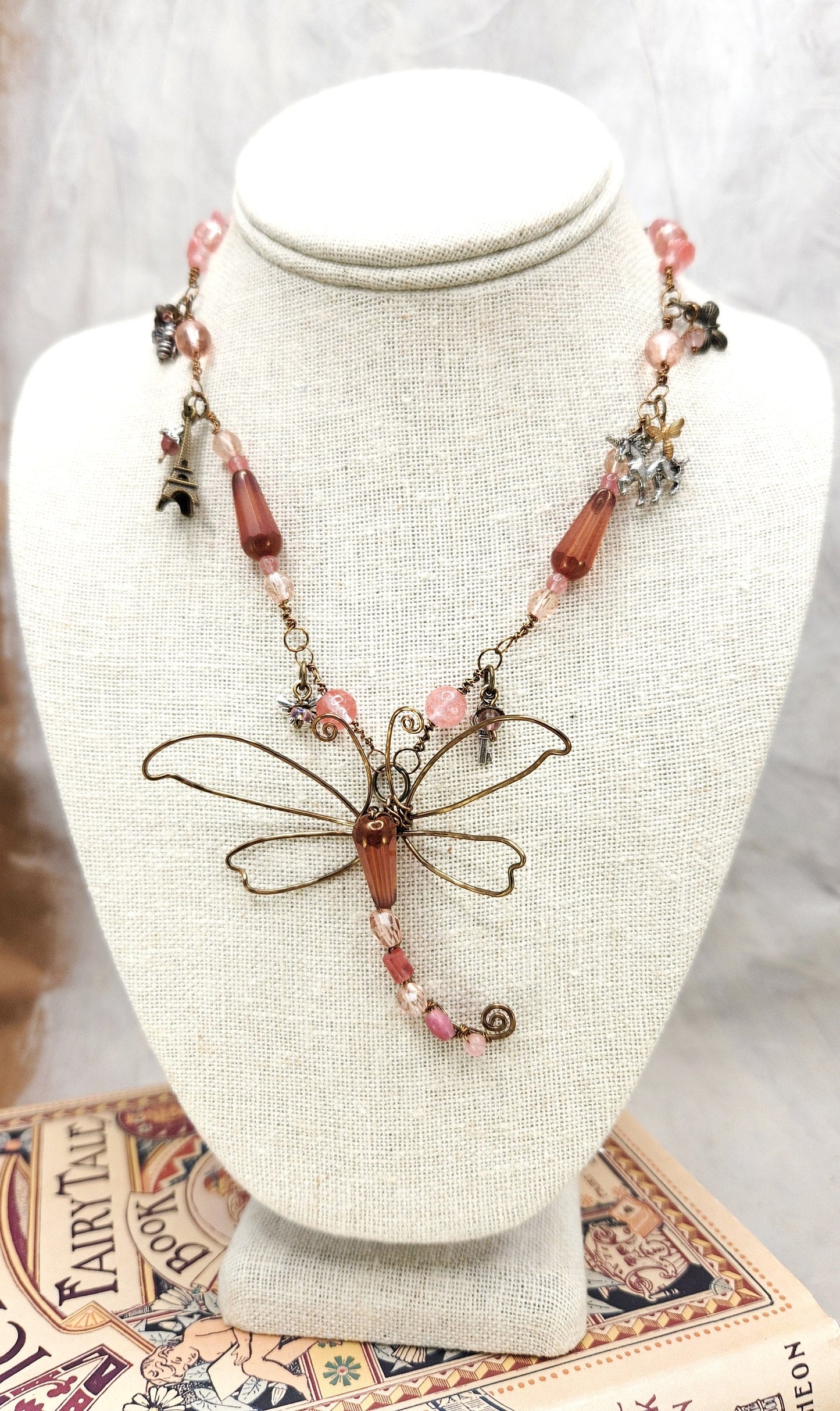 Fairytale Forest Dragonfly Necklace in Antique Pink Renaissance Adjustable Length Fantasy Woodland