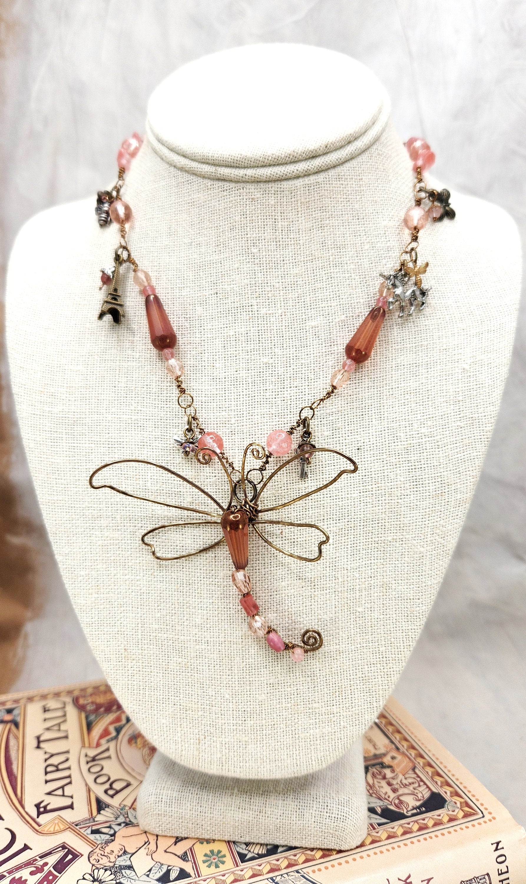 Fairytale Forest Dragonfly Necklace in Antique Pink Renaissance Adjustable Length Fantasy Woodland