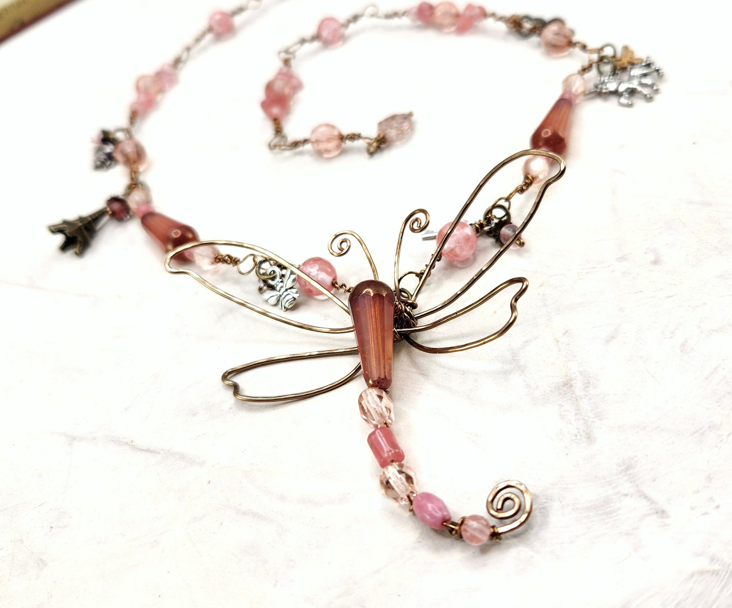 Fairytale Forest Dragonfly Necklace in Antique Pink Renaissance Adjustable Length Fantasy Woodland