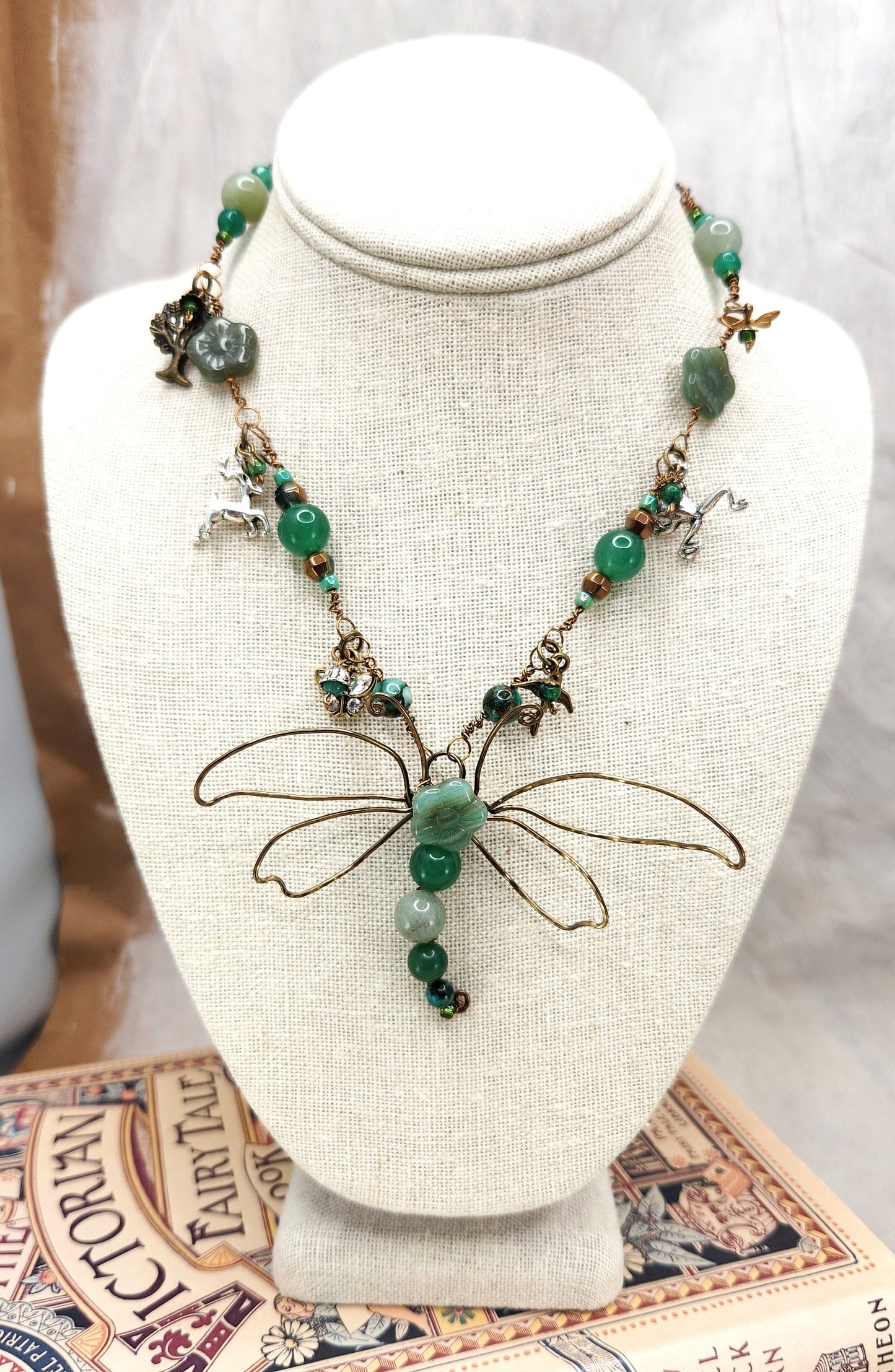 Fairytale Forest Dragonfly Necklace in Green Renaissance Adjustable Length Fantasy Woodland