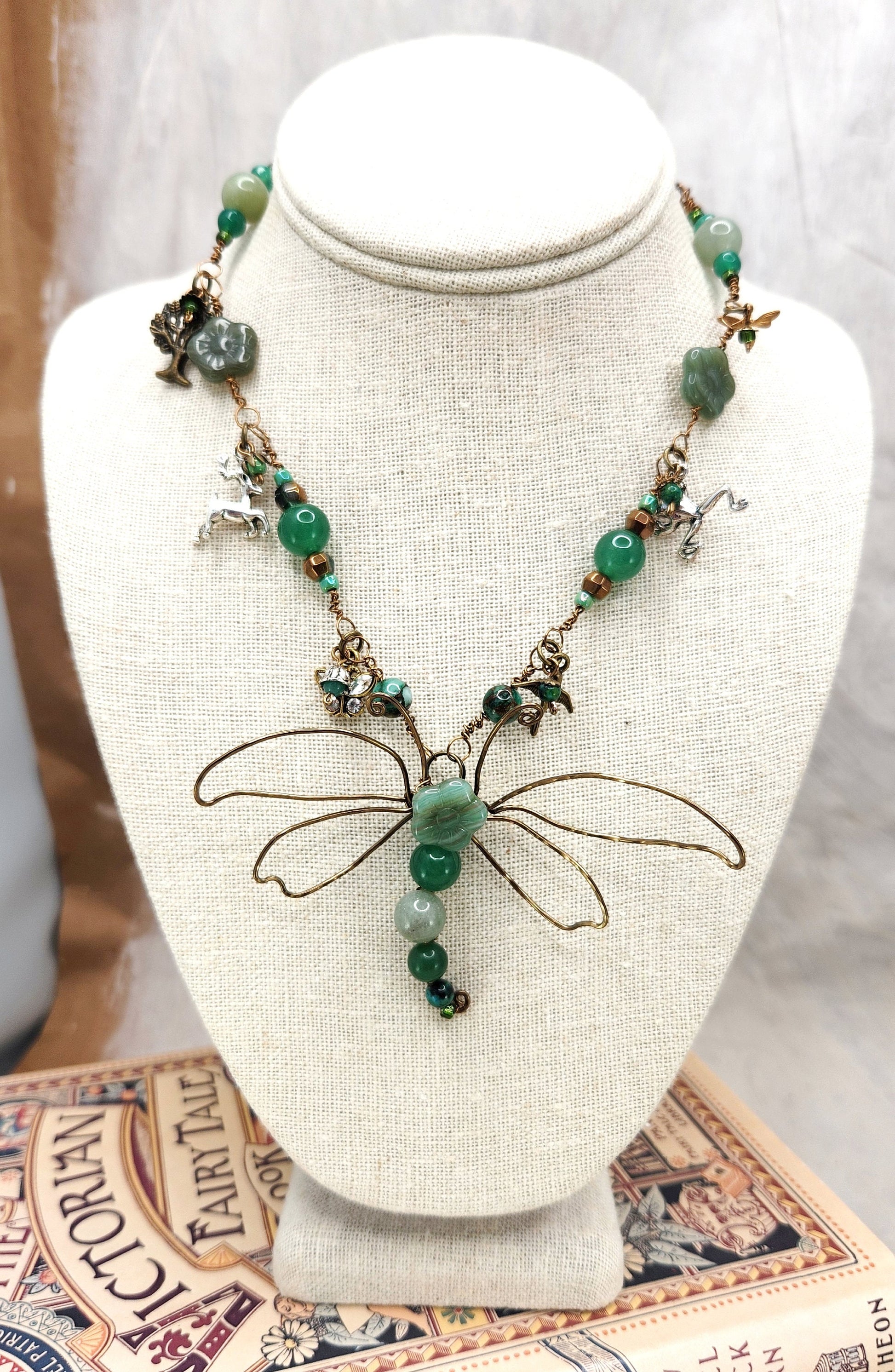 Fairytale Forest Dragonfly Necklace in Green Renaissance Adjustable Length Fantasy Woodland