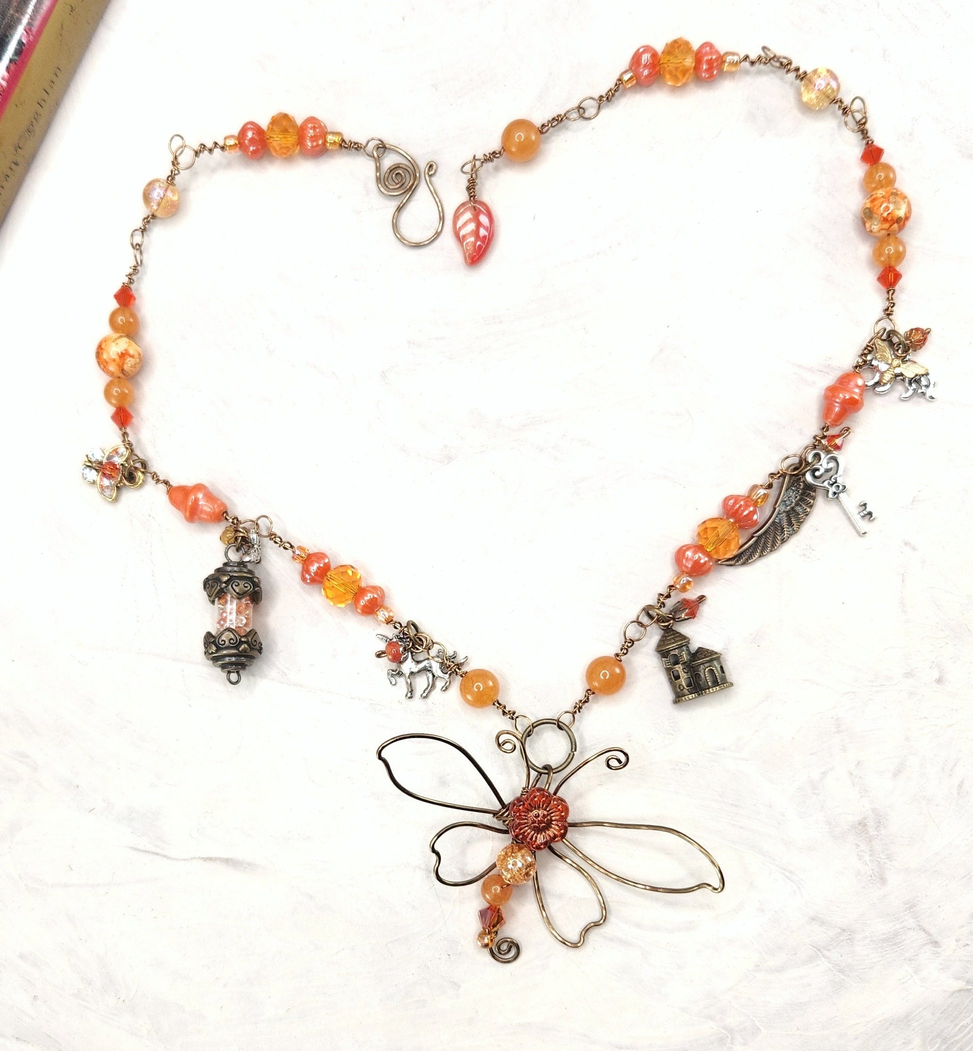 Fairytale Forest Dragonfly Necklace in Orange Renaissance Adjustable Length Fantasy Woodland