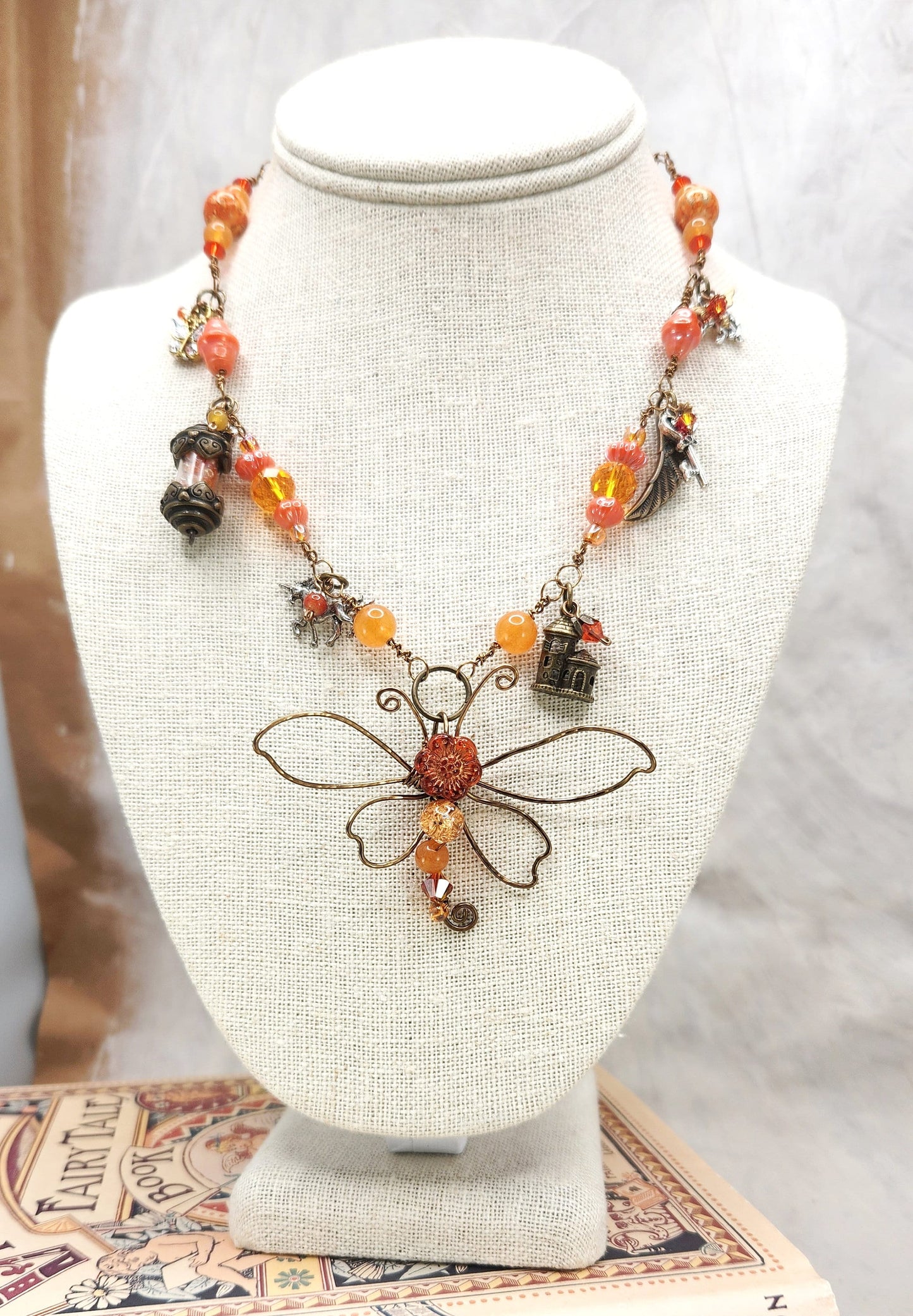Fairytale Forest Dragonfly Necklace in Orange Renaissance Adjustable Length Fantasy Woodland