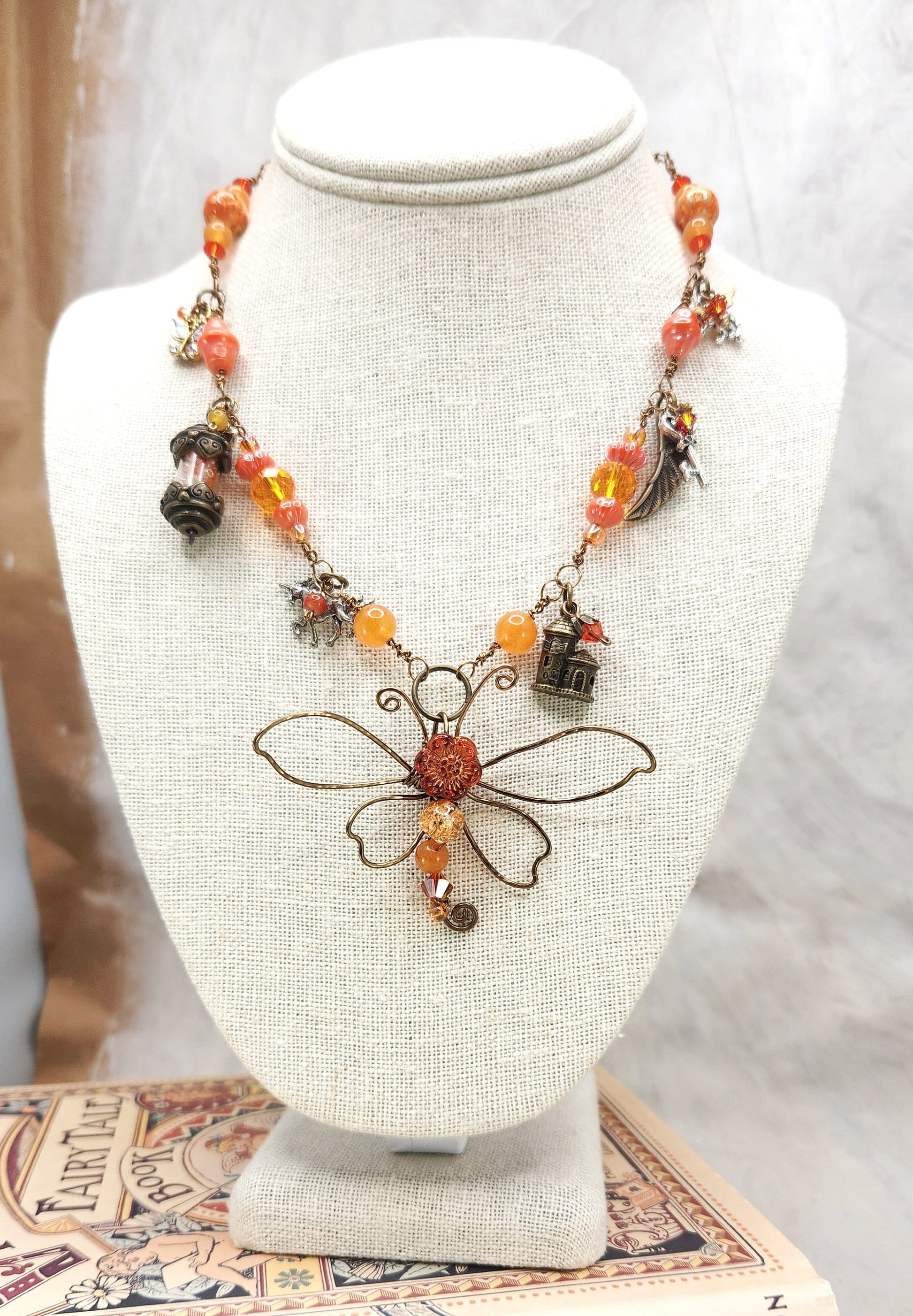Fairytale Forest Dragonfly Necklace in Orange Renaissance Adjustable Length Fantasy Woodland