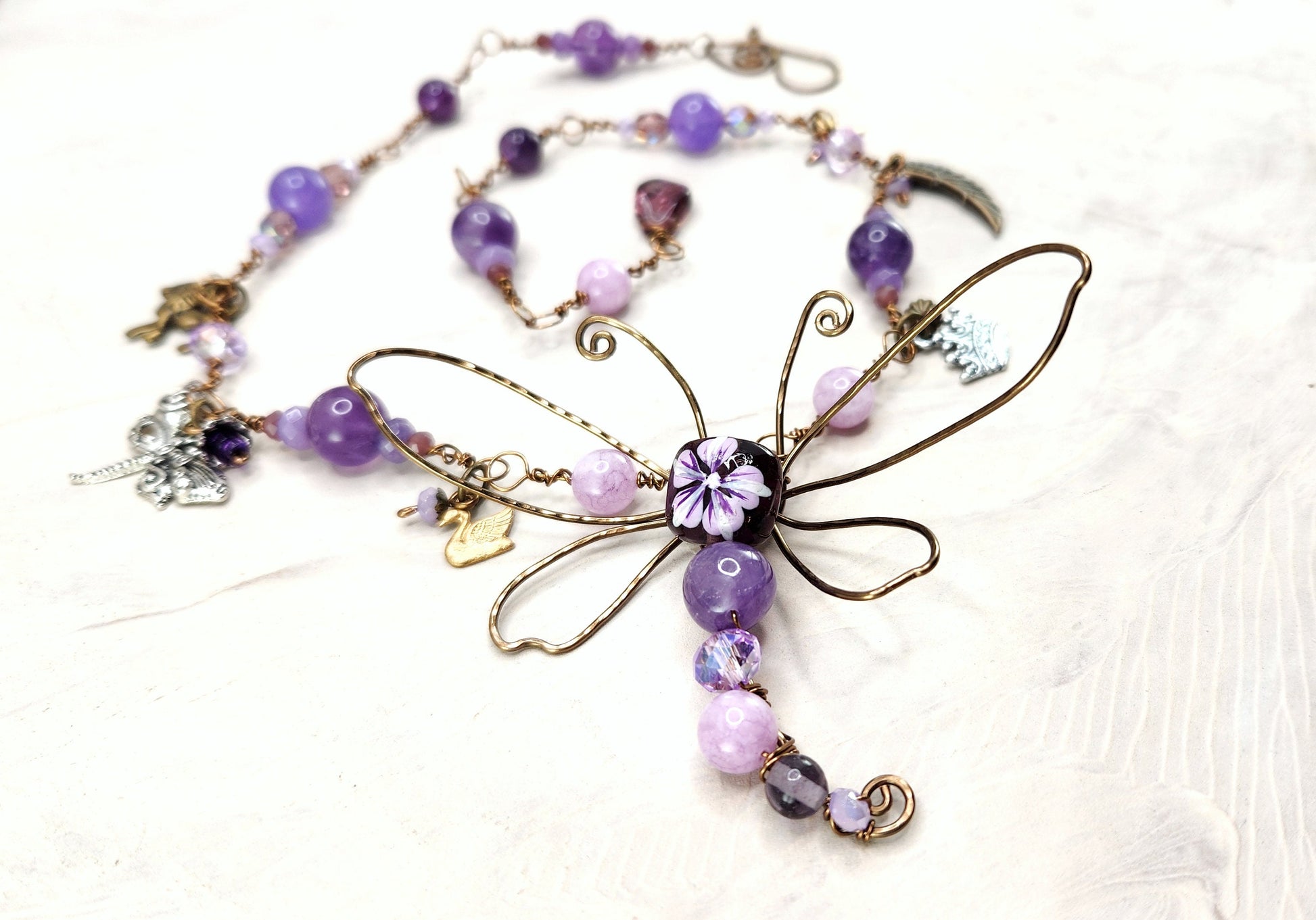 Fairytale Forest Dragonfly Necklace in Purple Renaissance Adjustable Length Fantasy Woodland