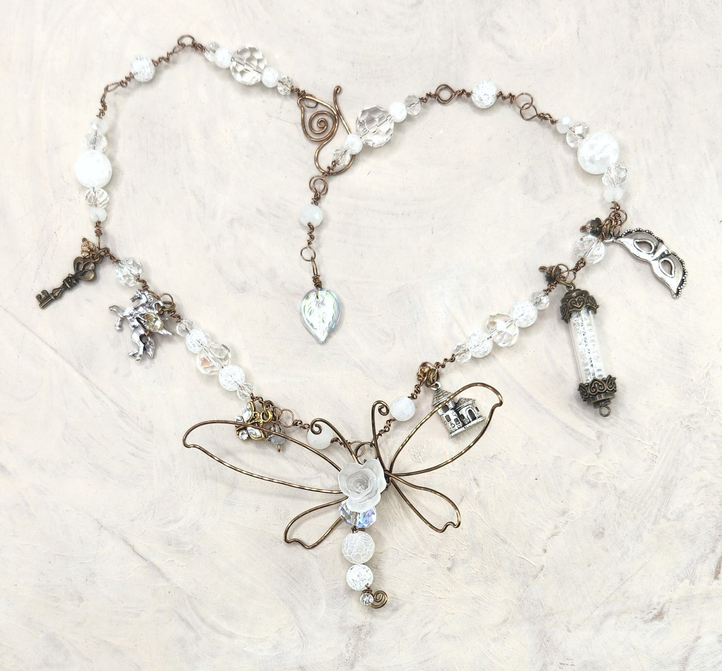 Fairytale Forest Dragonfly Necklace in White Renaissance Adjustable Length Fantasy Woodland