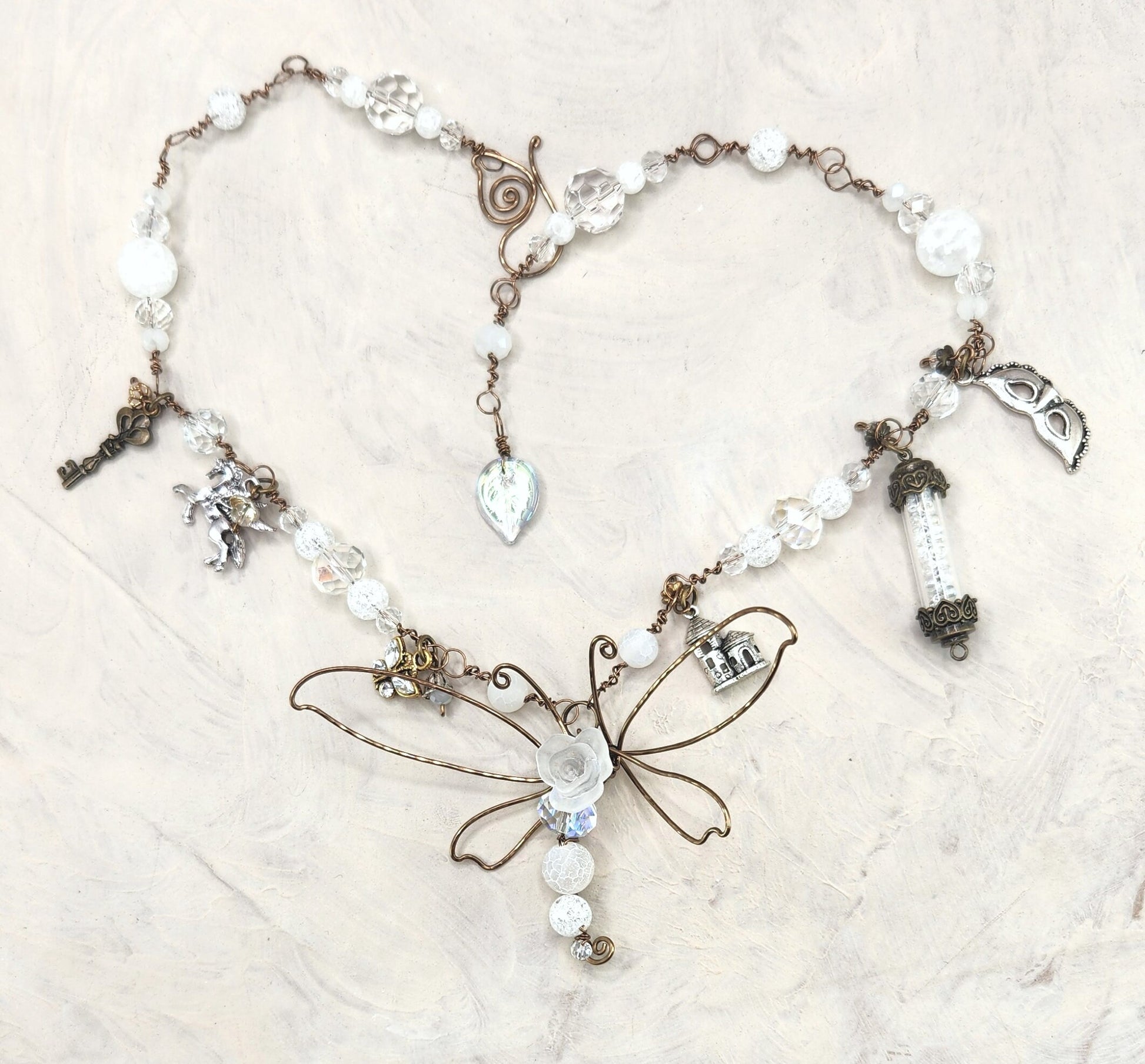 Fairytale Forest Dragonfly Necklace in White Renaissance Adjustable Length Fantasy Woodland