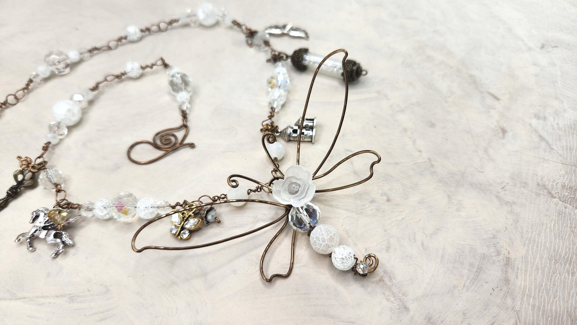 Fairytale Forest Dragonfly Necklace in White Renaissance Adjustable Length Fantasy Woodland