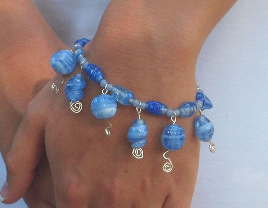 Upcycled OOAK Handmade Blue Glass Beaded Bracelet with Sterling Silver Toggle