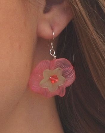 Handmade Lucite Flower and Wire Earrings in Pink and Fresh Green with Nickel Free Silver Plated Earwires