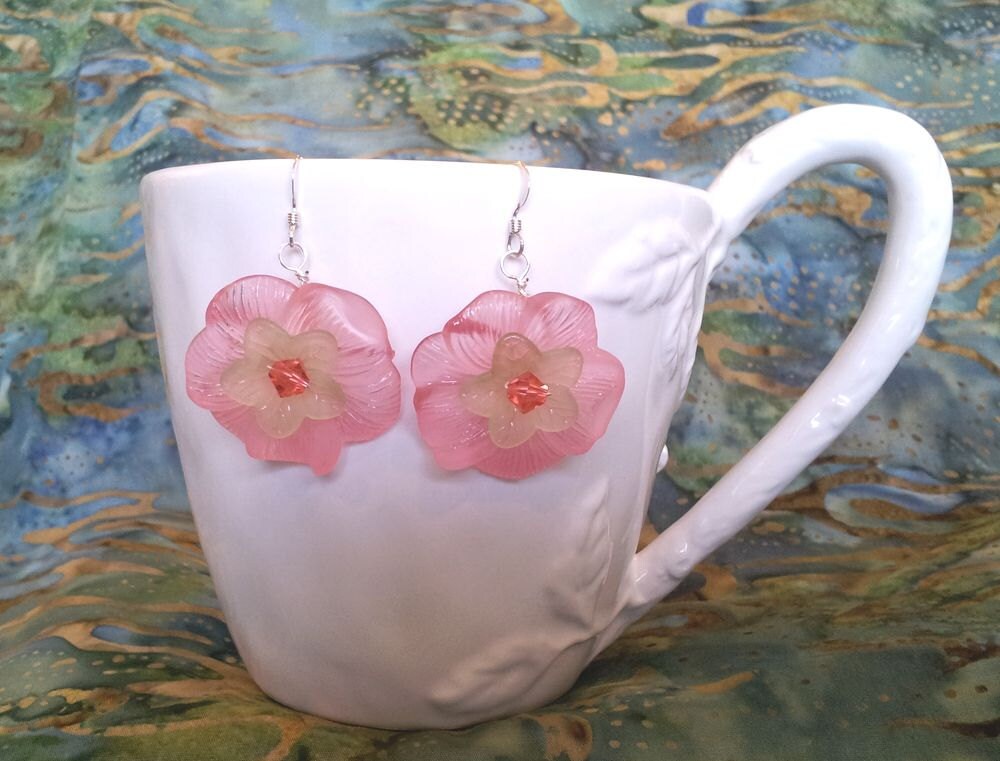 Handmade Lucite Flower and Wire Earrings in Pink and Fresh Green with Nickel Free Silver Plated Earwires