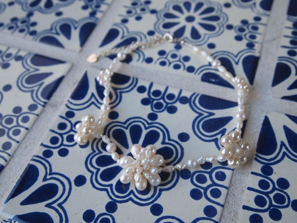 Handmade Bridal Choker, Bracelet or Anklet with Hand-Wired Swarovski and Freshwater Pearl Flowers, Custom Length, Made to Order