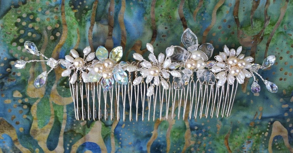 OOAK Handmade Bridal Veil Comb with Swarovski Crystals, Hand-wired Czech Glass Leaves and Freshwater Pearls