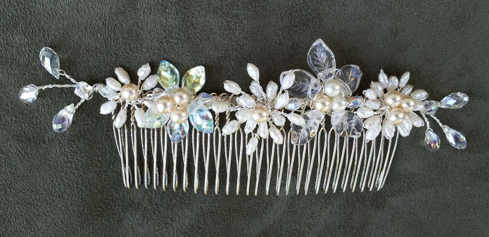 OOAK Handmade Bridal Veil Comb with Swarovski Crystals, Hand-wired Czech Glass Leaves and Freshwater Pearls