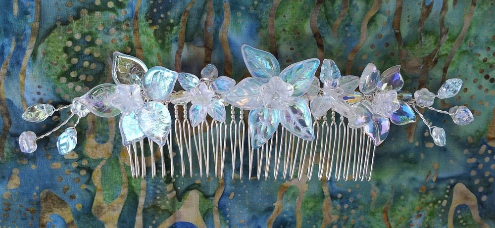 OOAK Handmade Bridal Veil Comb with Hand-wired Czech Glass Flowers and Leaves and Swarovski Crystals