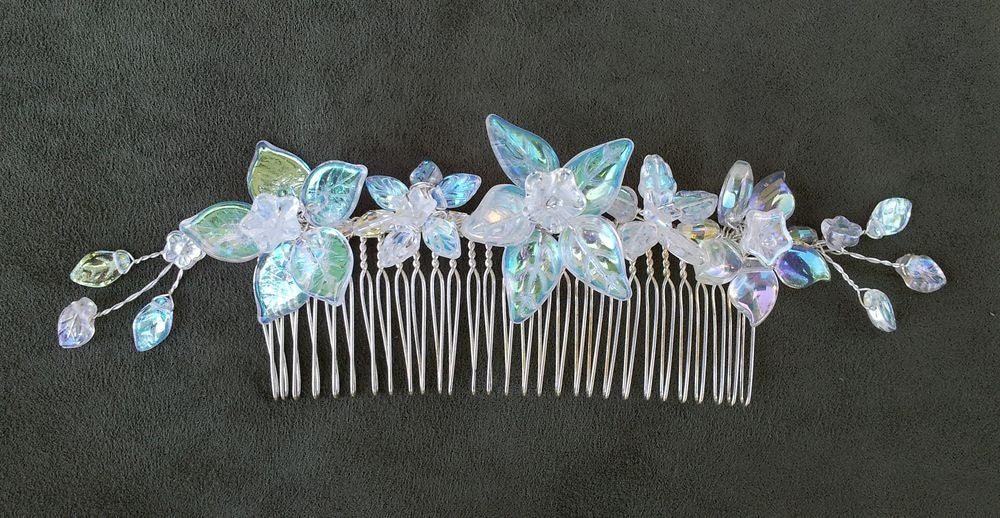 OOAK Handmade Bridal Veil Comb with Hand-wired Czech Glass Flowers and Leaves and Swarovski Crystals