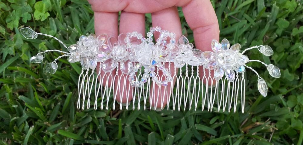 OOAK Handmade Bridal Veil Comb with Hand-wired Czech Glass Flowers and Leaves