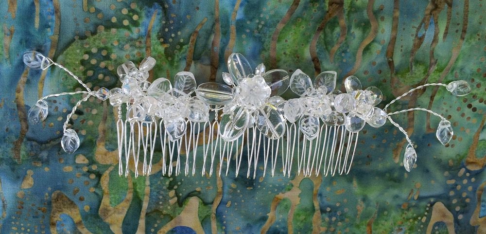 OOAK Handmade Bridal Veil Comb with Hand-wired Czech Glass Flowers and Leaves - No AB Glass