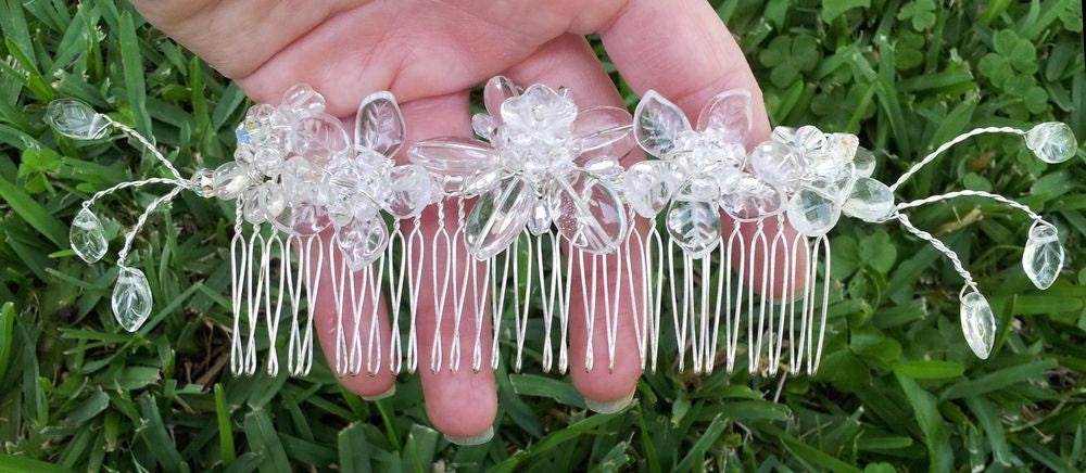 OOAK Handmade Bridal Veil Comb with Hand-wired Czech Glass Flowers and Leaves - No AB Glass