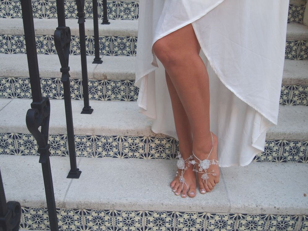 Custom Handmade Bridal Barefoot Sandals with Lucite Flowers in White - Handmade to Order