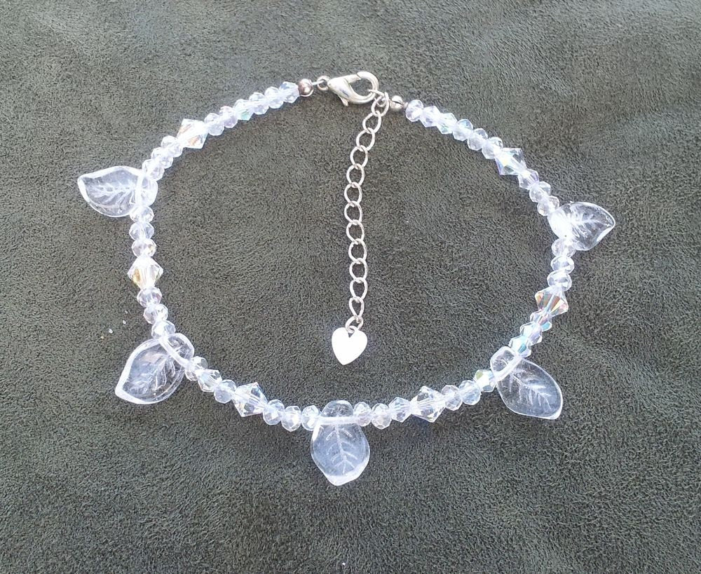 Handmade Bridal Anklet or Bracelet with Czech Glass Leaves, Made to Order with Silver or Gold Findings
