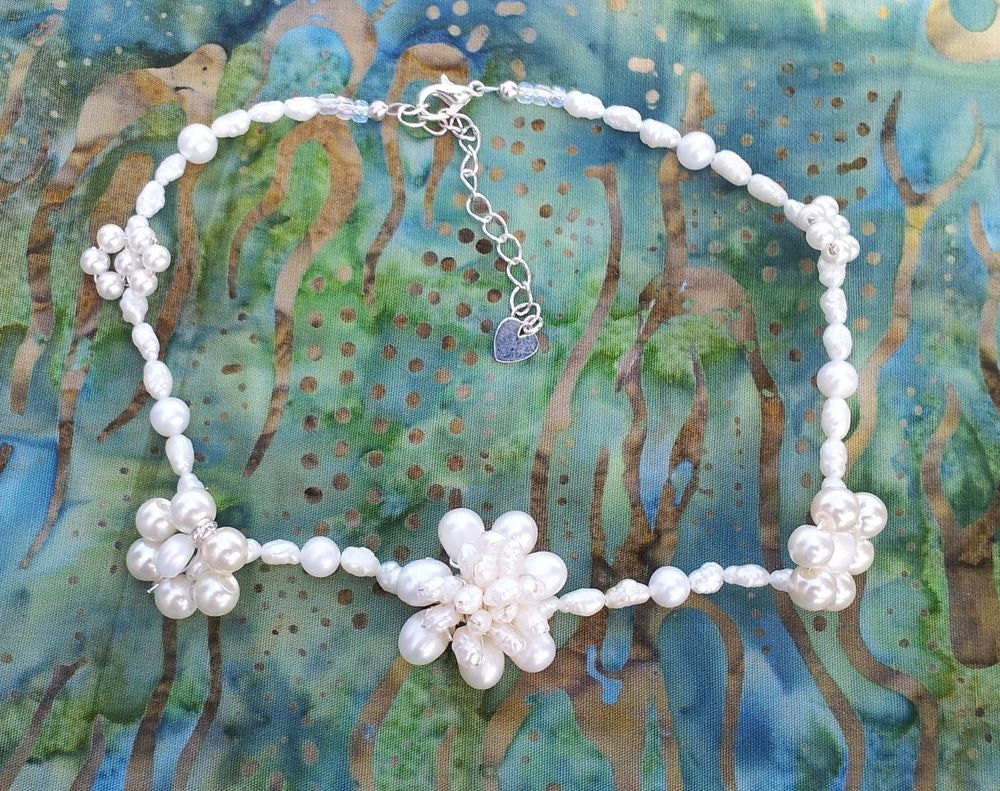 Handmade Bridal Choker, Bracelet or Anklet with Hand-Wired Swarovski and Freshwater Pearl Flowers, Custom Length, Made to Order