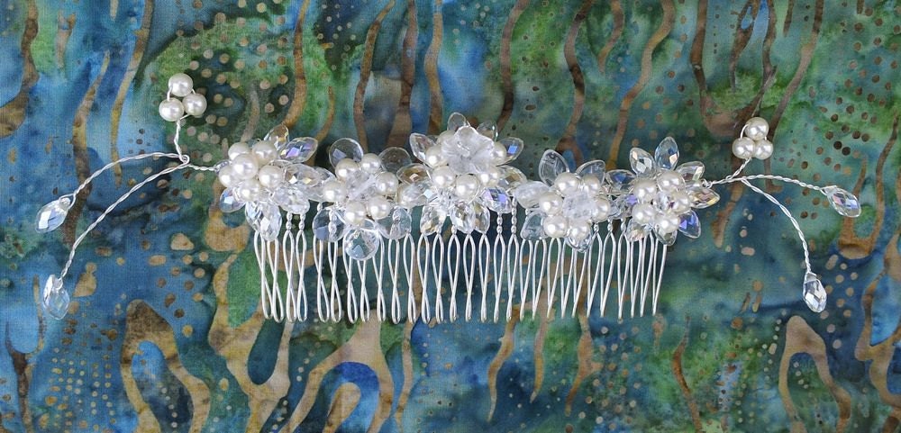 OOAK Handmade Bridal Veil Comb with Hand-wired Czech Glass Flowers and Leaves and Pearls