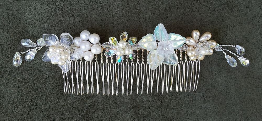 OOAK Handmade Bridal Veil Comb with Hand-wired Czech Glass Flowers and Leaves and Pearls