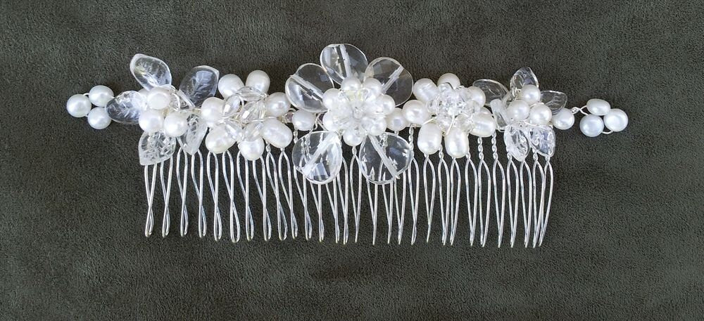 OOAK Handmade Bridal Veil Comb with Hand-wired Czech Glass Flowers and Leaves and Pearls - No AB Glass
