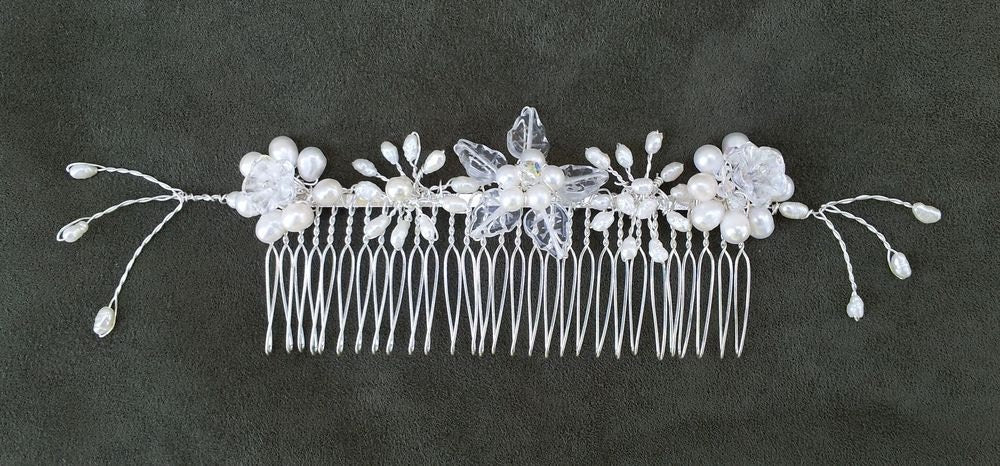 OOAK Handmade Bridal Veil Comb with Hand-wired Freshwater Pearls and Czech Glass Leaves and Flowers