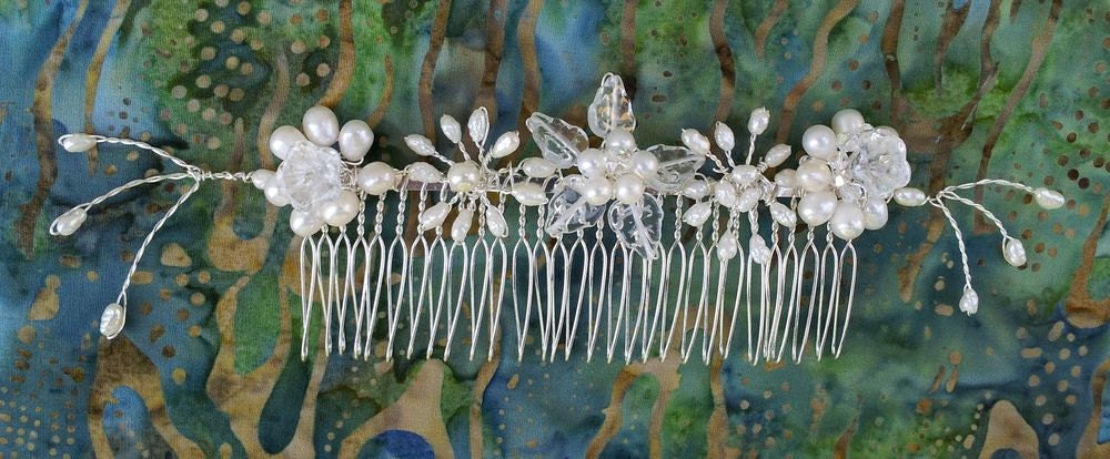 OOAK Handmade Bridal Veil Comb with Hand-wired Freshwater Pearls and Czech Glass Leaves and Flowers