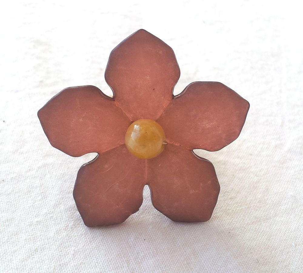 OOAK Handmade Statement Ring Lucite Flower and Wire in Autumn Brown and Yellow with Adjustable Band #804
