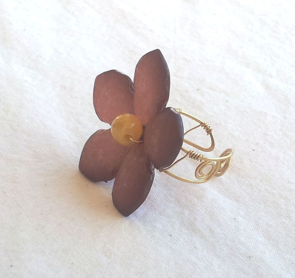 OOAK Handmade Statement Ring Lucite Flower and Wire in Autumn Brown and Yellow with Adjustable Band #804