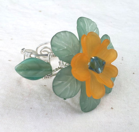 OOAK Handmade Statement Ring Lucite Flowers and Wire in Sea Green and Orange with Adjustable Band