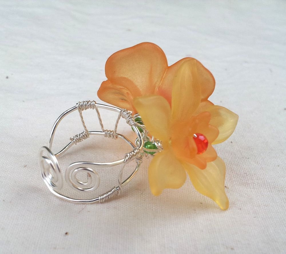 OOAK Handmade Statement Ring Lucite Flowers and Wire in Orange and Yellow with Adjustable Band